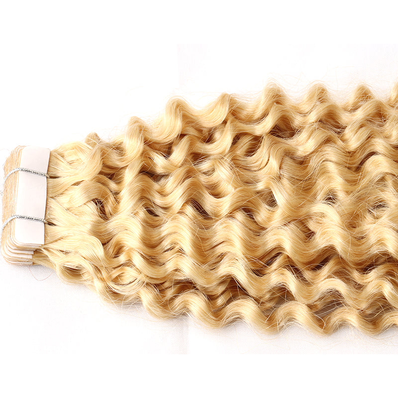Tape in Hair Extensions Human Hair #613 Women Seamless Kinky Curly Tape on Hair Extensions with Invisible Tape Attached Semi Permanent Tape on Natural Hair