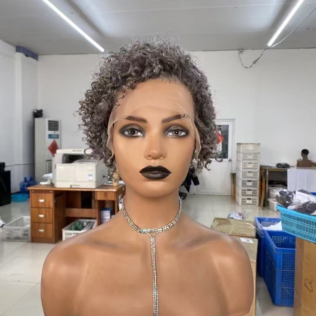 13x4 Short Kinky Curly Wig Grey Color Human Hair Wig Wholesale Price