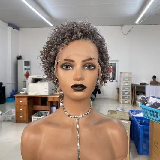 13x4 Short Kinky Curly Wig Grey Color Human Hair Wig Wholesale Price