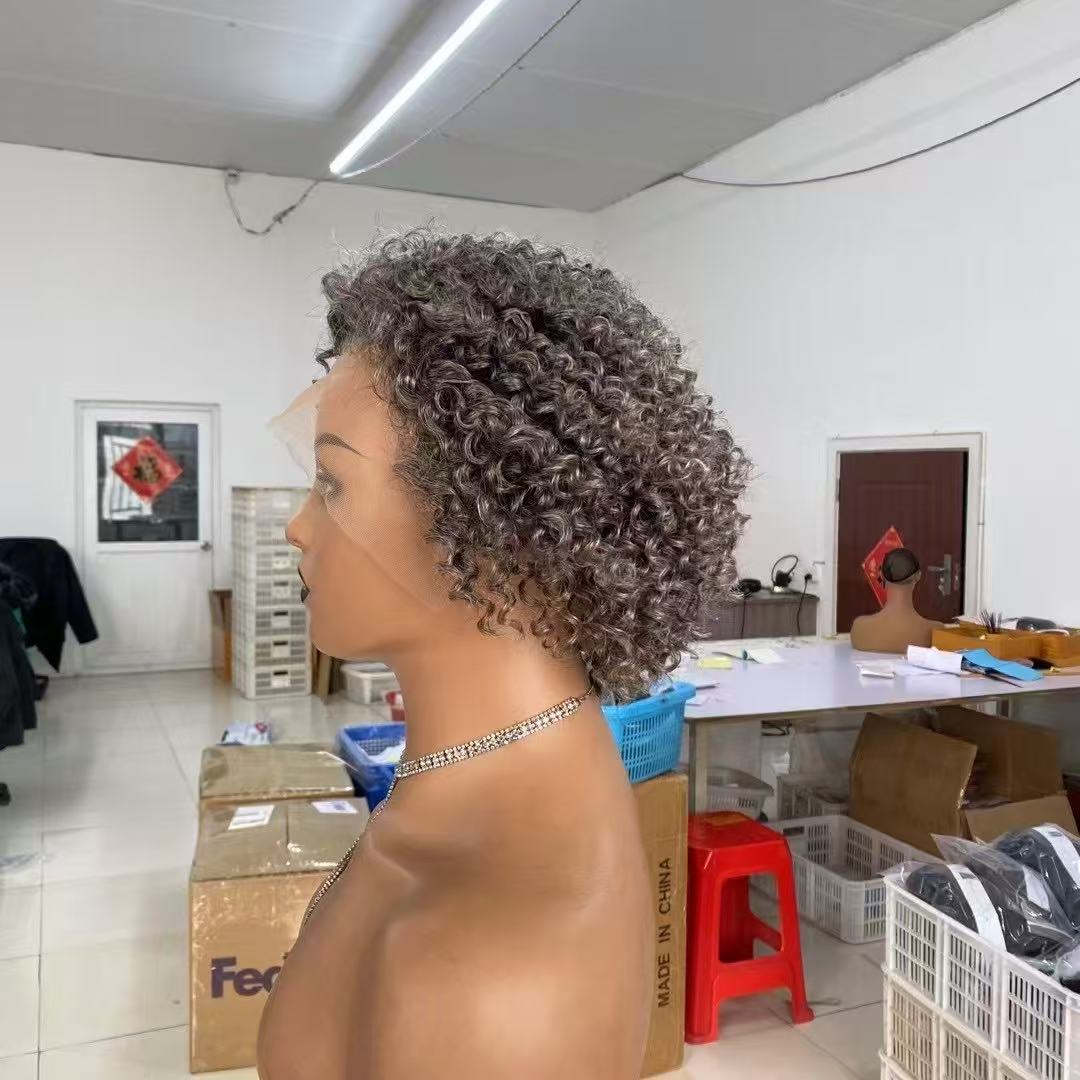 13x4 Short Kinky Curly Wig Grey Color Human Hair Wig Wholesale Price