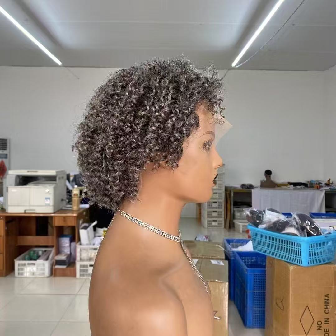 13x4 Short Kinky Curly Wig Grey Color Human Hair Wig Wholesale Price
