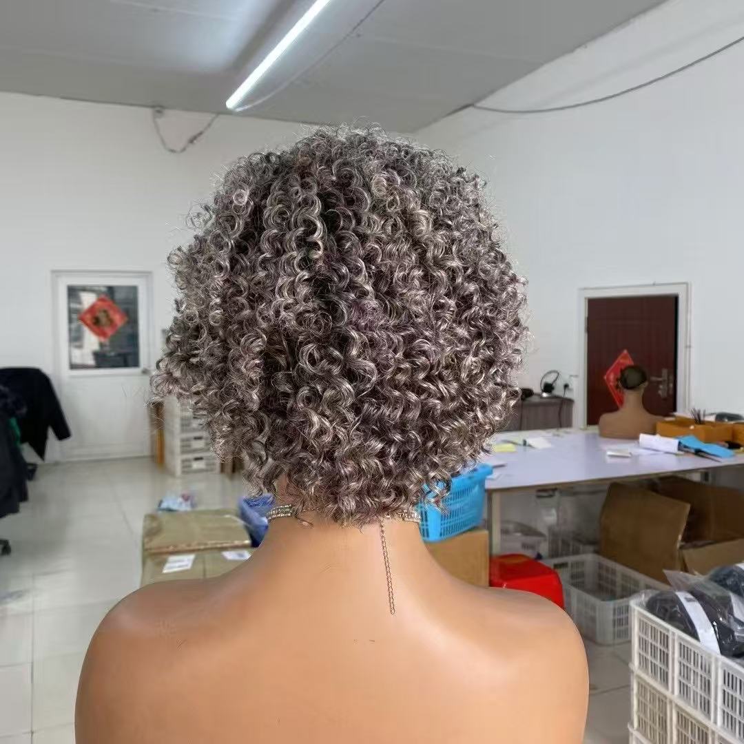 13x4 Short Kinky Curly Wig Grey Color Human Hair Wig Wholesale Price