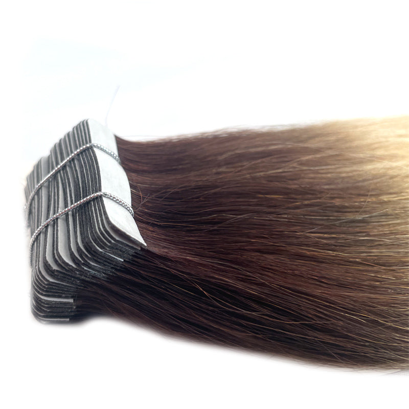 Natural Hair Remy Tape in Human Hair Extensions Dip Dyed Balayage Darker Brown to Platinum Blond Seamless PU Skin Weft 100% Real  Invisible Hair
