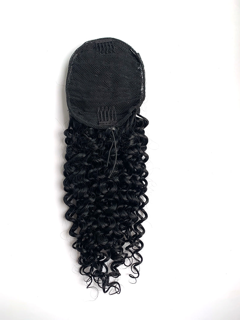 100% human hair kinky curl  Drawstring Ponytail Net With Clipsl