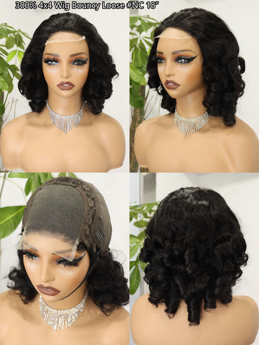 300% 4x4 Lace Closure Bouncy Loose Wig Brazilian Human Hair