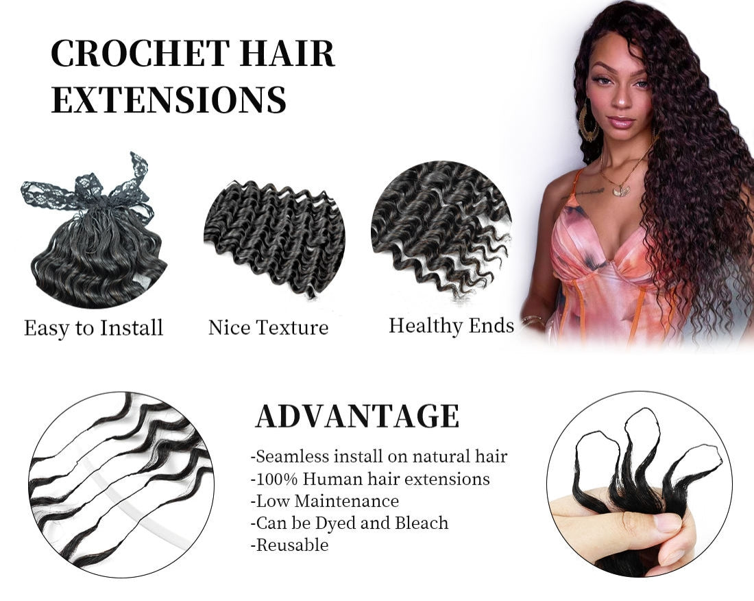 Deep Wave Feather Crochet Hair Extension 100% Remy Human Hair 14-26 Inch