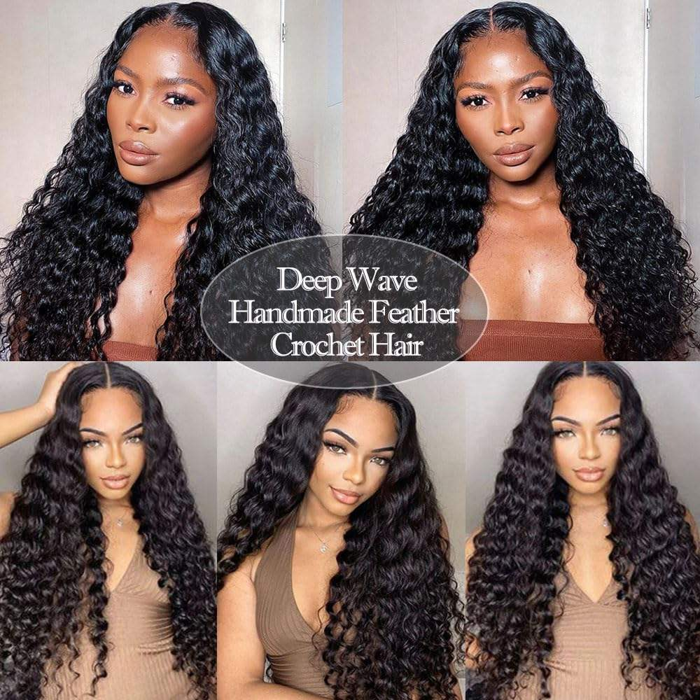 Deep Wave Feather Crochet Hair Extension 100% Remy Human Hair 14-26 Inch