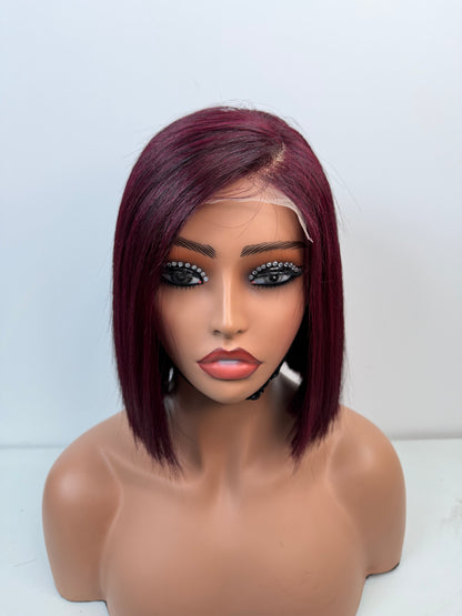 5*5 Bob Wig Transparent Lace 100% Human Hair Pre Plucked Bob Burgundy Color 8 Inch