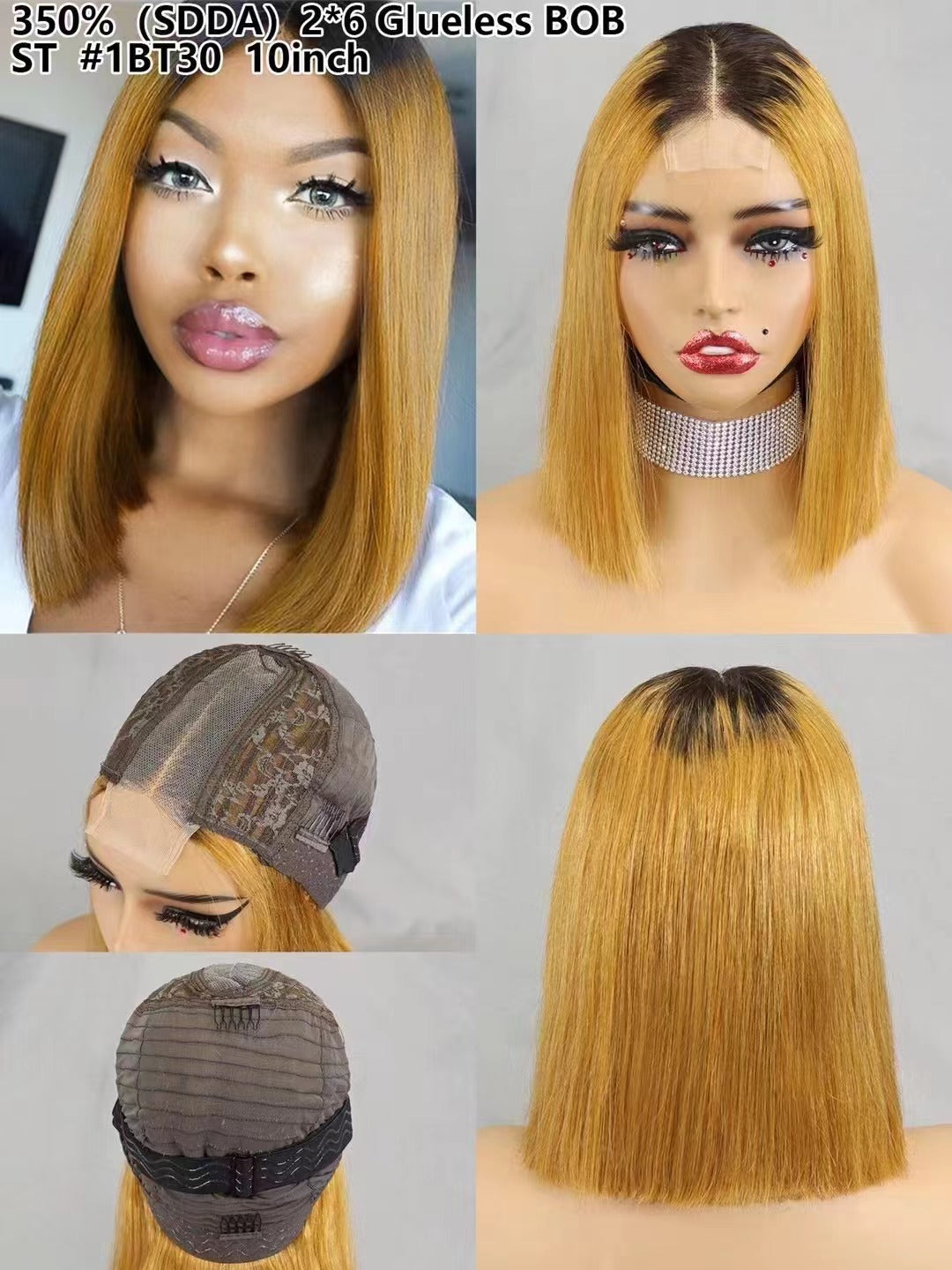 2×6 Lace #1BT30  Human Hair Bob Wig