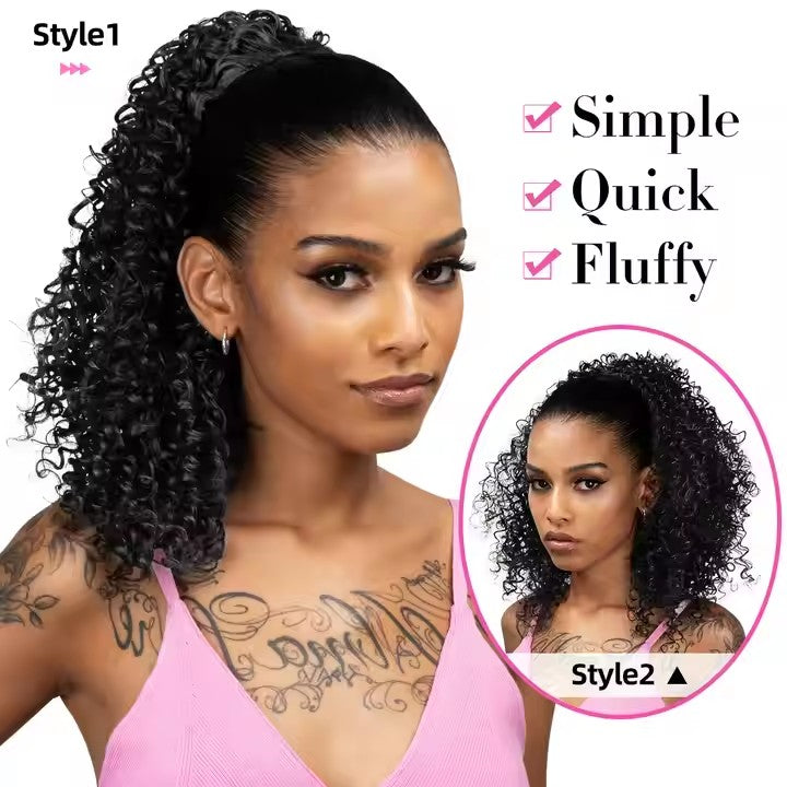 100% human hair kinky curl  Drawstring Ponytail Net With Clipsl
