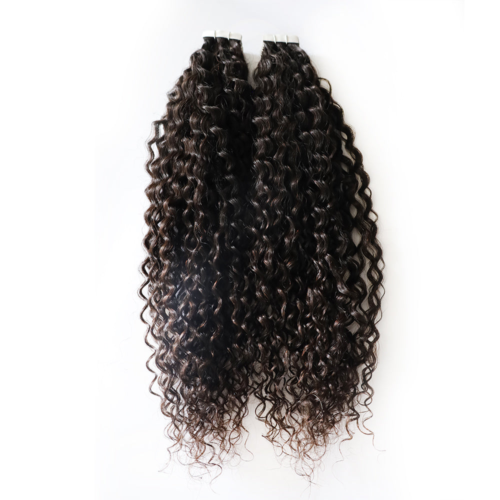 Natural Black Tape In Human Hair Extensions Kinky Curly For Women Black Brazilian Wave Virgin Hair Tape Ins Extensions