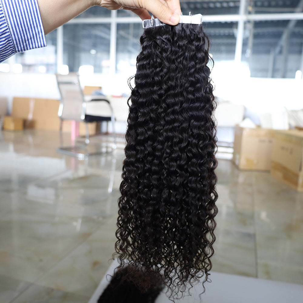 Natural Black Tape In Human Hair Extensions Kinky Curly For Women Black Brazilian Wave Virgin Hair Tape Ins Extensions
